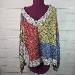 POL Sweater Womens Large Multicolor Patchwork V Neck Boho Knit Pullover FST416A